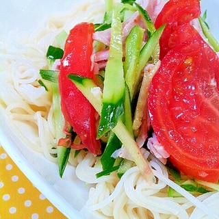 ✿トマトときゅうりとハムのサラダ風そうめん❤